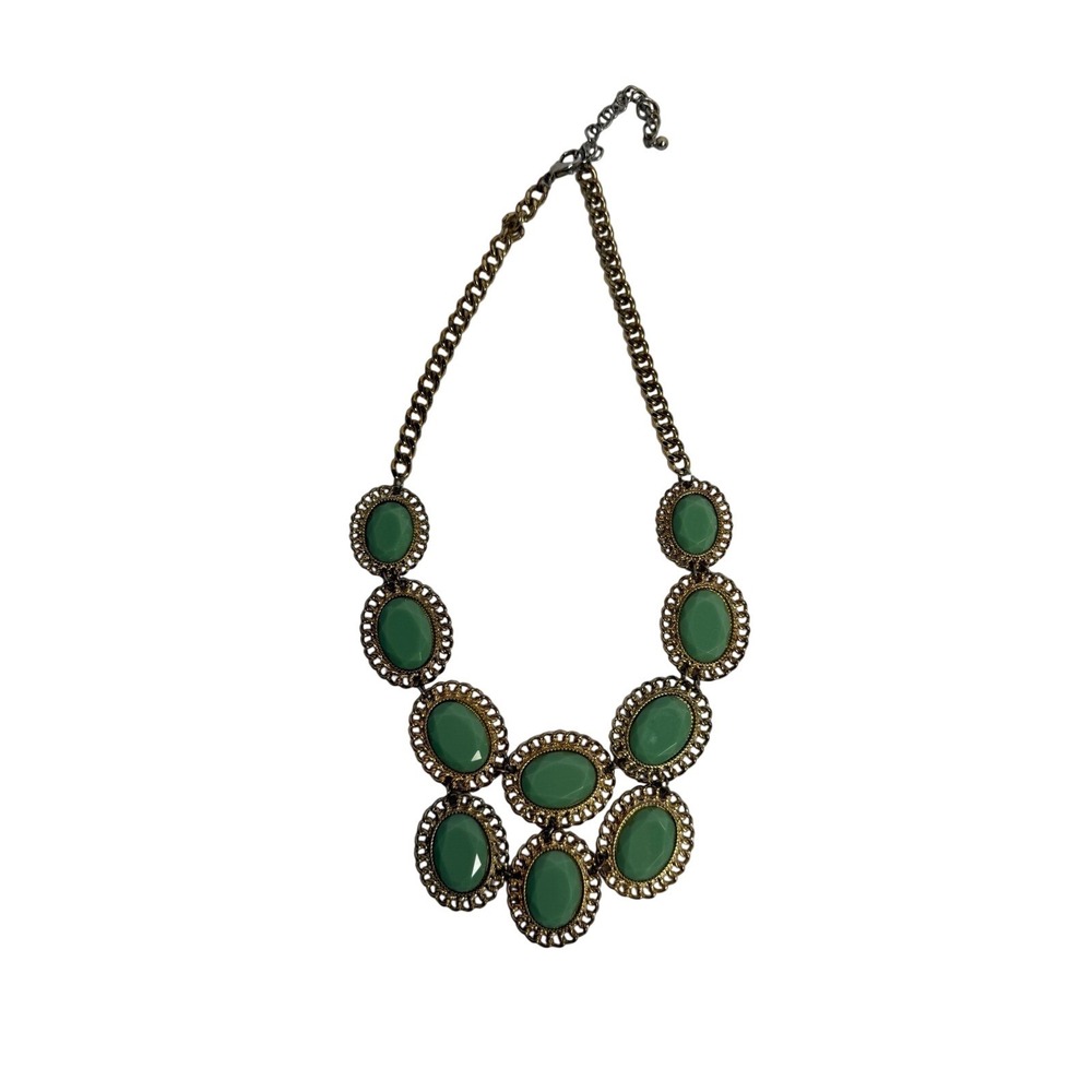J.Crew Green Cabochon Statement Bib Necklace‎ Gold Tone Preppy Glam